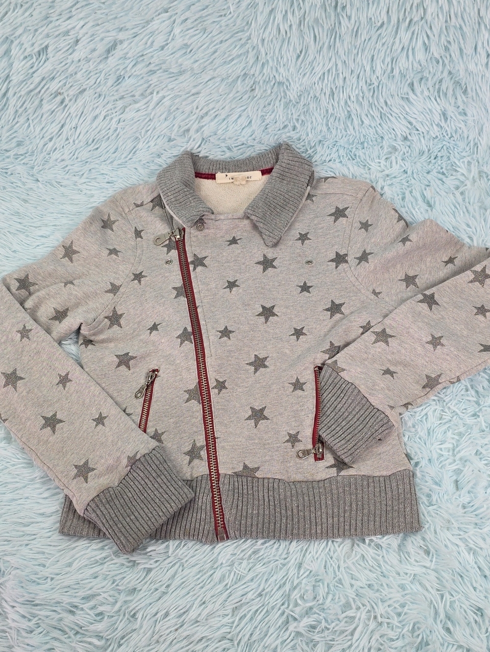 Twenty One Grey Star Print Asymmetrical Moto Jacket Burgundy Zip L‎